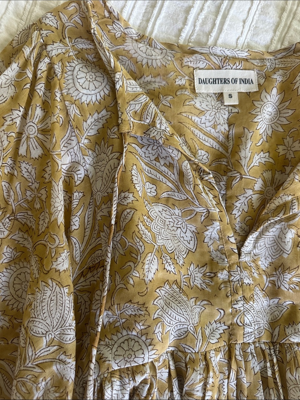 Daughters of India White Floral Print on Mustard Peasant Blouse